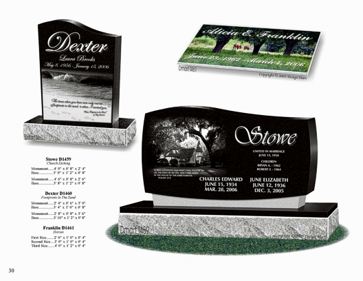 Selection guide plate showing etched black granite monuments